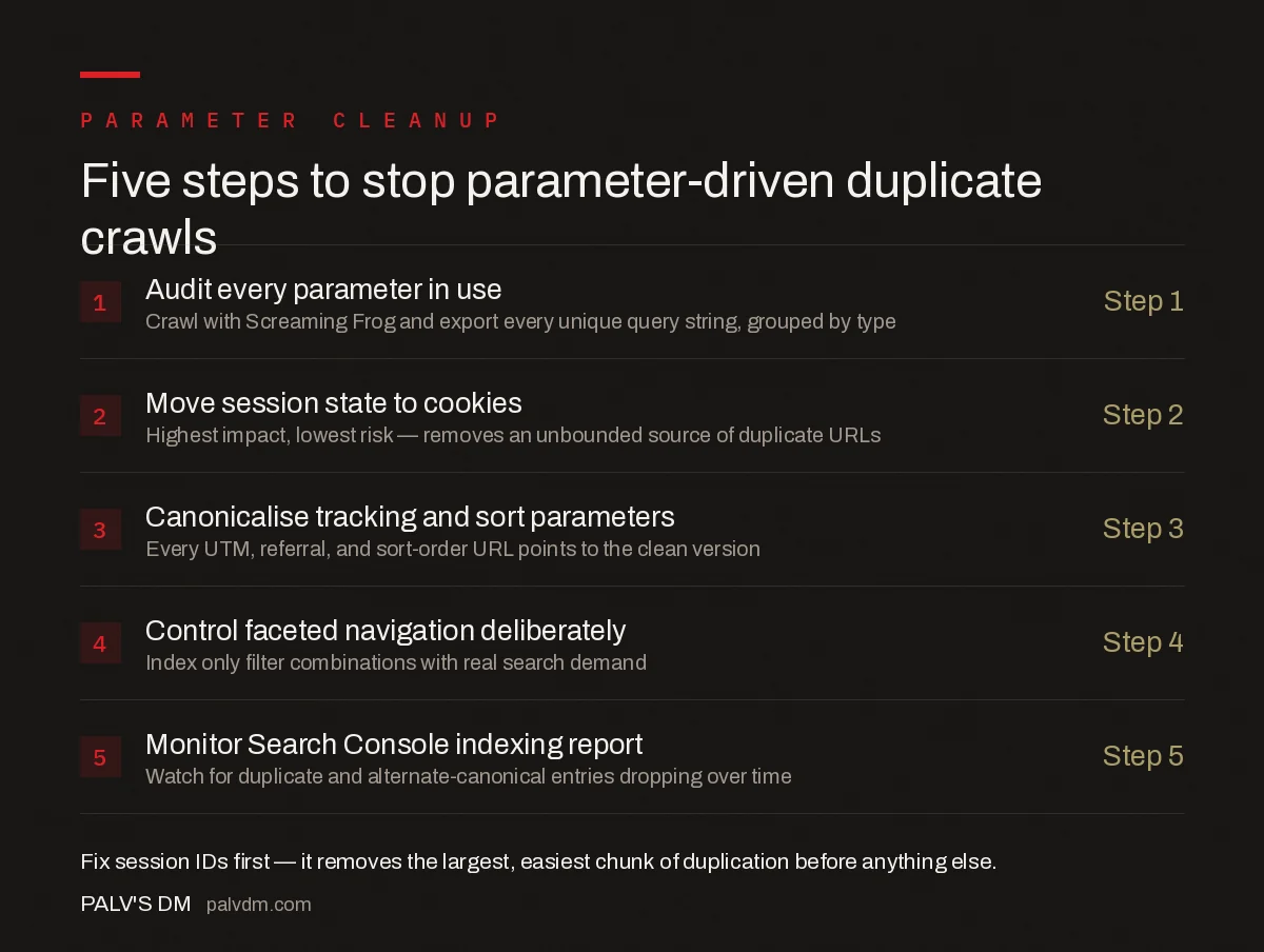Five-step process for fixing URL parameter duplication: audit parameters, move session state to cookies, canonicalise tracking parameters, control faceted navigation, and monitor Search Console