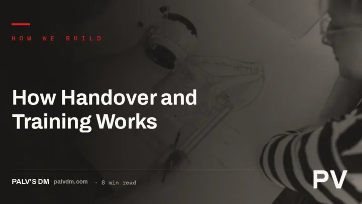 Illustrated blueprint-style header image for the article on how website handover and training works at PalV's DM