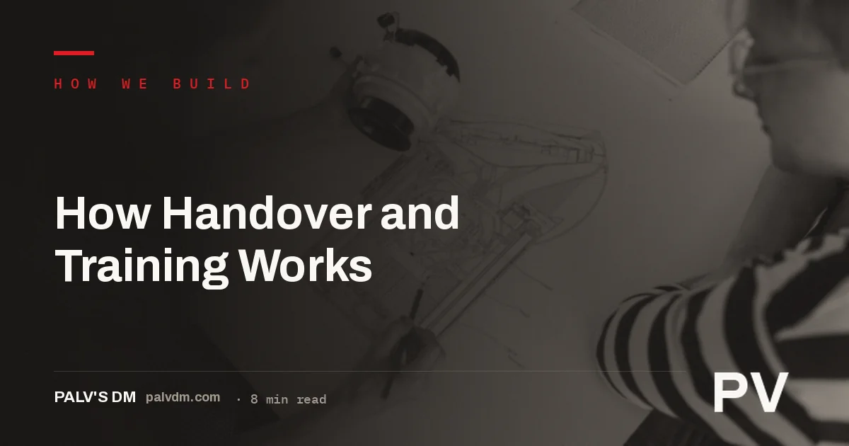 Illustrated blueprint-style header image for the article on how website handover and training works at PalV's DM