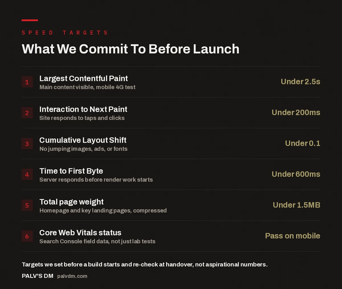 Checklist of six website speed targets: LCP under 2.5 seconds, INP under 200ms, CLS under 0.1, TTFB under 600ms, page weight under 1.5MB, and Core Web Vitals pass on mobile