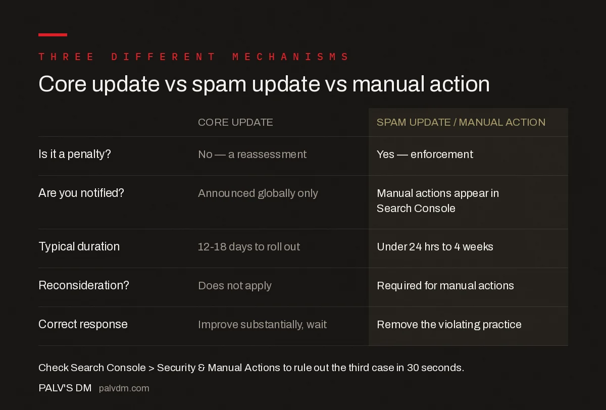 Google core update compared with spam updates and manual actions
