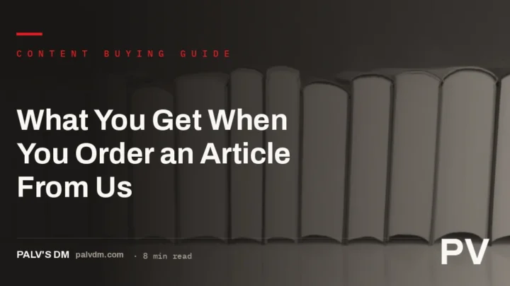 Checklist graphic showing everything included in one article order from PalV's DM: brief, draft, fact-check, on-page SEO, internal links, editor review