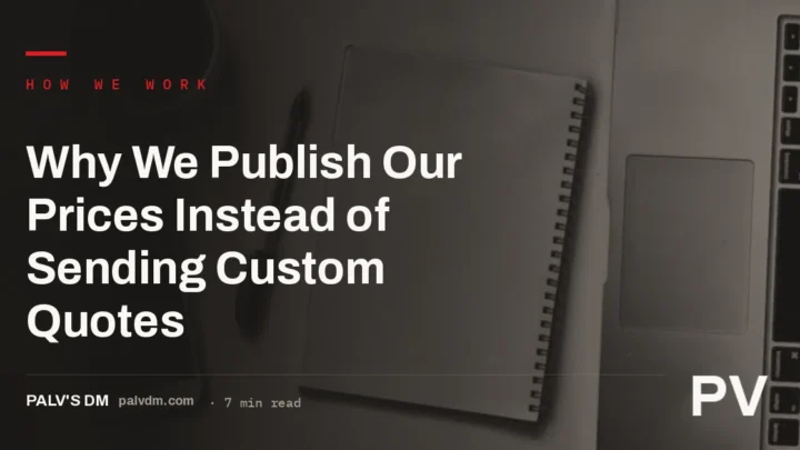 Ledger paper texture with the headline Why We Publish Our Prices Instead of Sending Custom Quotes