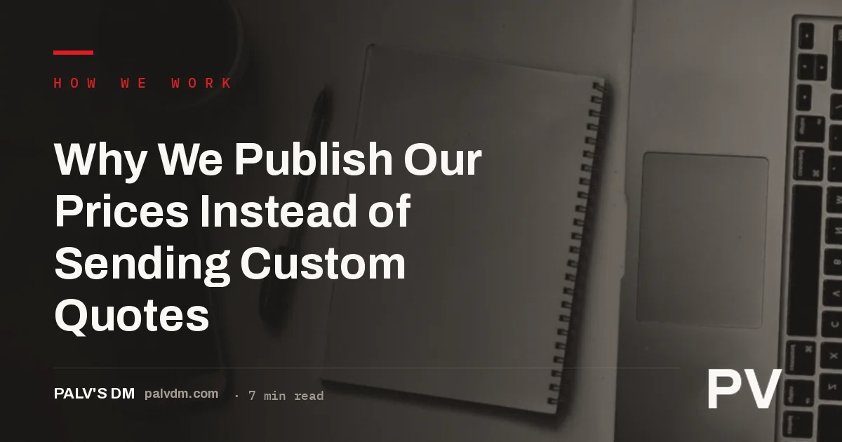 Ledger paper texture with the headline Why We Publish Our Prices Instead of Sending Custom Quotes