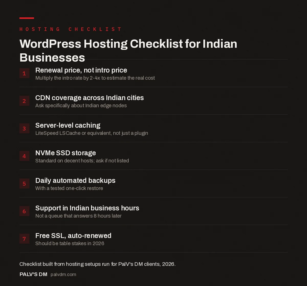 Checklist infographic for choosing WordPress hosting in India