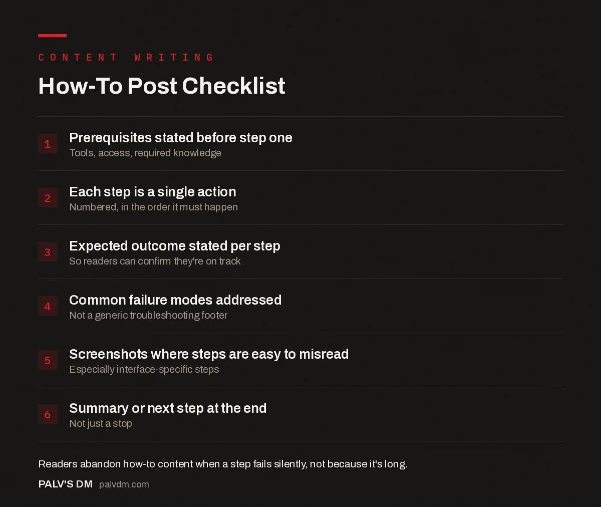 Checklist infographic for how-to posts covering prerequisites, single-action steps, expected outcomes, failure modes, screenshots, and a closing summary
