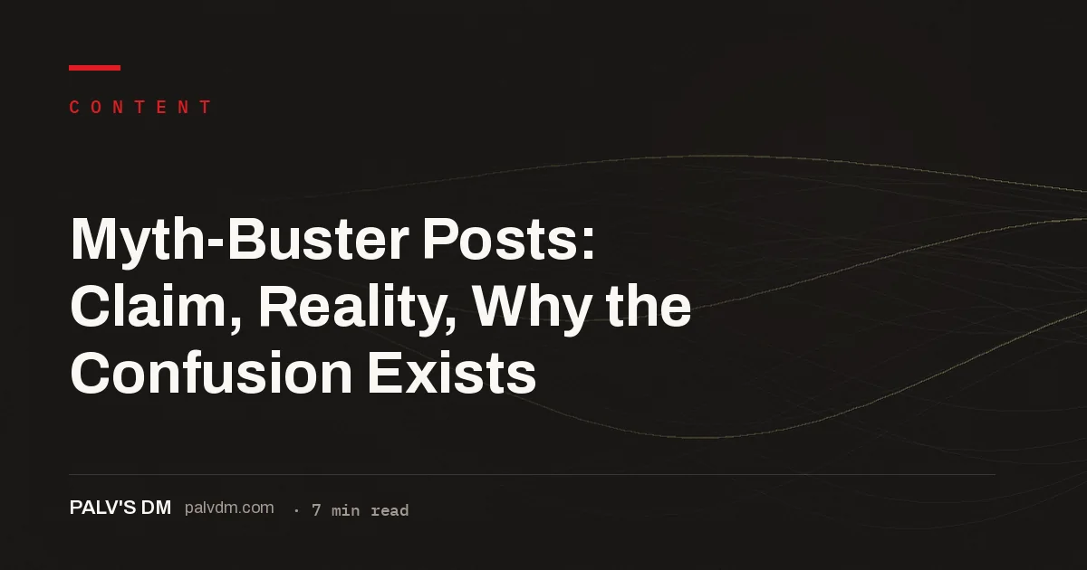 Topographic contour line graphic titled Myth-Buster Posts: Claim, Reality, Why the Confusion Exists, PalV's DM